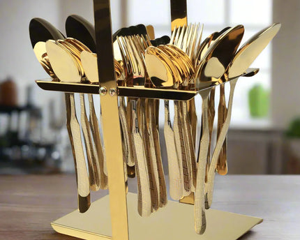 Dolphin Stainless Steel PVD Gold Plated Cutlery Set 28 Pcs With Tiffin Stand - Versace Design