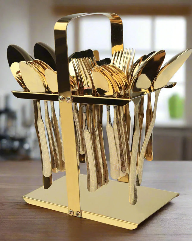 Dolphin Stainless Steel PVD Gold Plated Cutlery Set 28 Pcs With Tiffin Stand - Versace Design