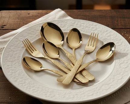 Dolphin Stainless Steel 28 Pcs PVD Coating Gold Plated Cutlery Gift Box Set - Flower Design