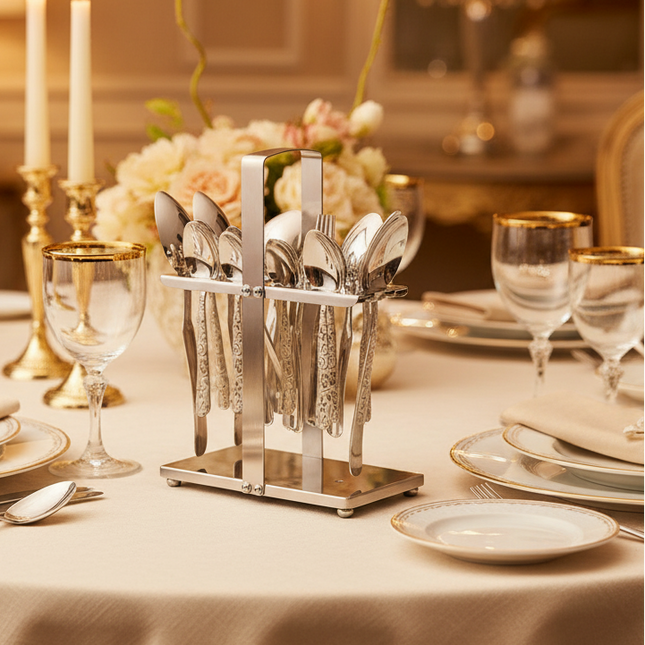 stainless steel cutlery set 29 pcs with stand at best price from best cutlery brand in Pakistan - dolphin industries