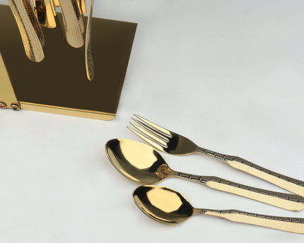 Dolphin Stainless Steel PVD Gold Plated Cutlery Set 28 Pcs With Tiffin Stand - Versace Design