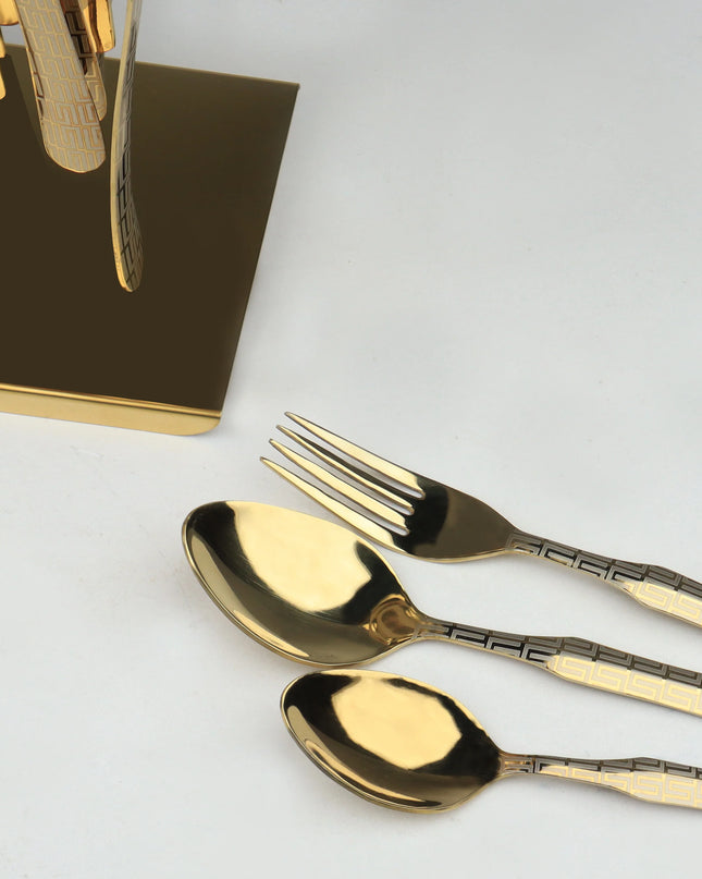 Dolphin Stainless Steel PVD Gold Plated Cutlery Set 28 Pcs With Tiffin Stand - Versace Design