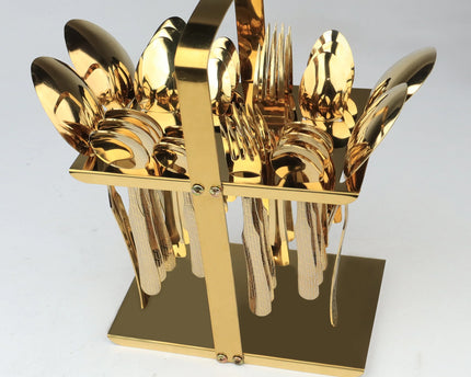 Dolphin Stainless Steel PVD Gold Plated Cutlery Set 28 Pcs With Tiffin Stand - Versace Design