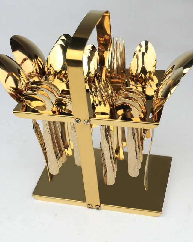 Dolphin Stainless Steel PVD Gold Plated Cutlery Set 28 Pcs With Tiffin Stand - Versace Design
