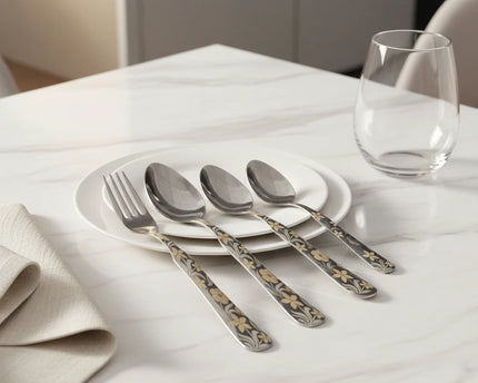 Dolphin 28 Pcs Stainless Steel Cutlery Set – Premium Silver Tiffon Stand