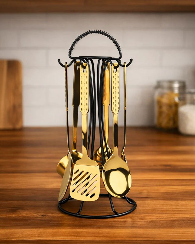 Dolphin 7 Pcs Stainless Steel PVD Gold Plating Serving Spoon With Stand